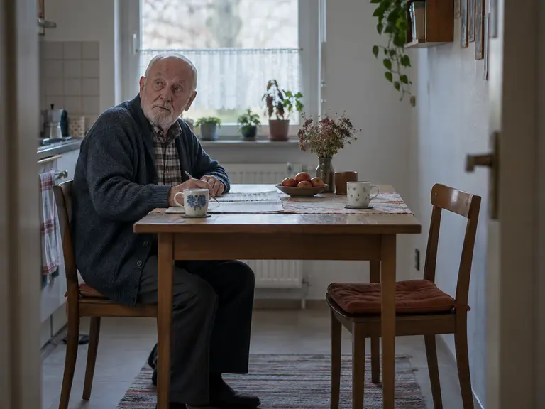 Ein älterer Mann sitzt allein am Küchentisch und schaut zur offenen Tür. Der zweite Stuhl ist leer.